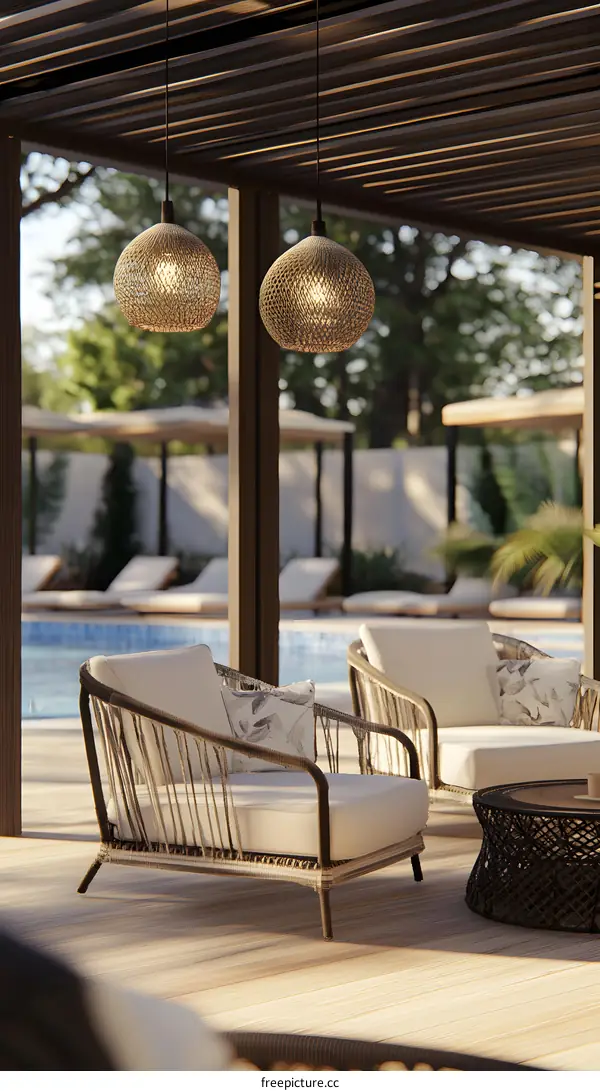 Modern Outdoor Patio Design with Lounge Chairs and Wicker Lamps
