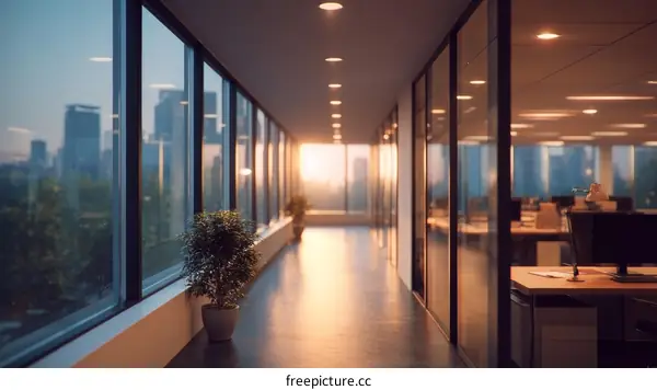 Modern Office Corridor at Sunset with City View