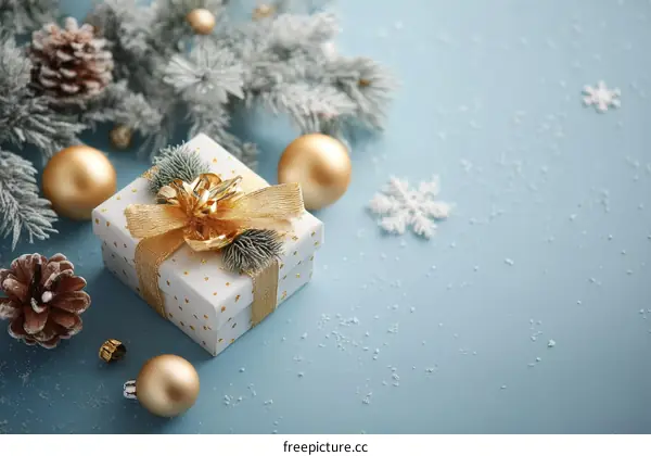 Christmas Gift Box with Decorations on Light Blue Background