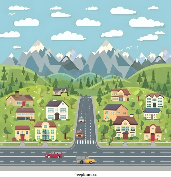 Mountain Village Landscape Illustration with Houses and Cars
