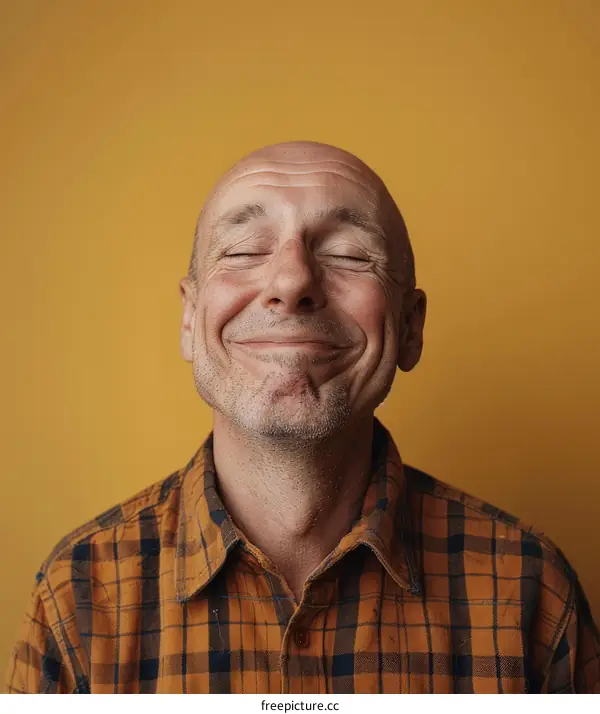 Happy Bald Man Portrait Against Mustard Background