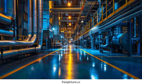The interior of a modern industrial building with blue lights reflecting off the floor