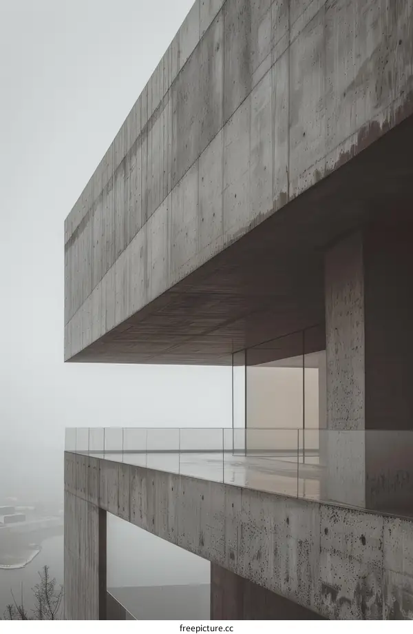 Balcony of a concrete building with a view of a foggy landscape