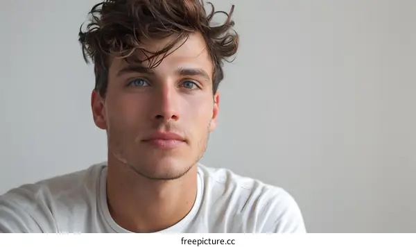Portrait of Young Man with Blue Eyes Looking at Camera