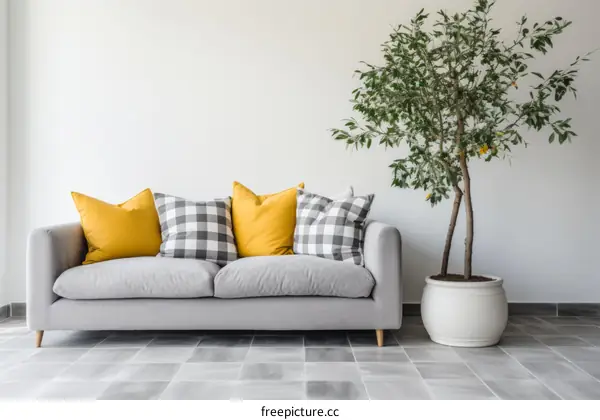 Minimalist Living Room with Gray Sofa and Green Potted Tree