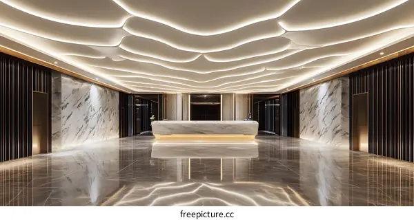 Modern Hotel Lobby Design with Marble Walls and Wave Shaped Ceiling
