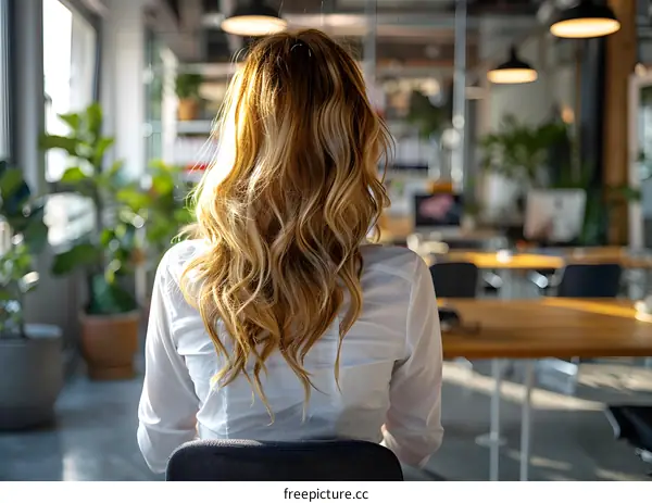 businesswoman sitting with back to camera in modern office