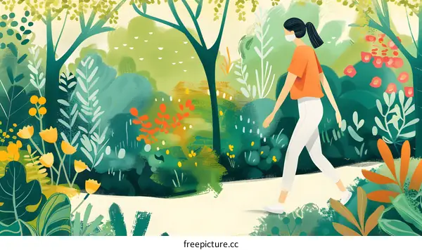 Woman Walking Through a Lush Green Forest Illustration