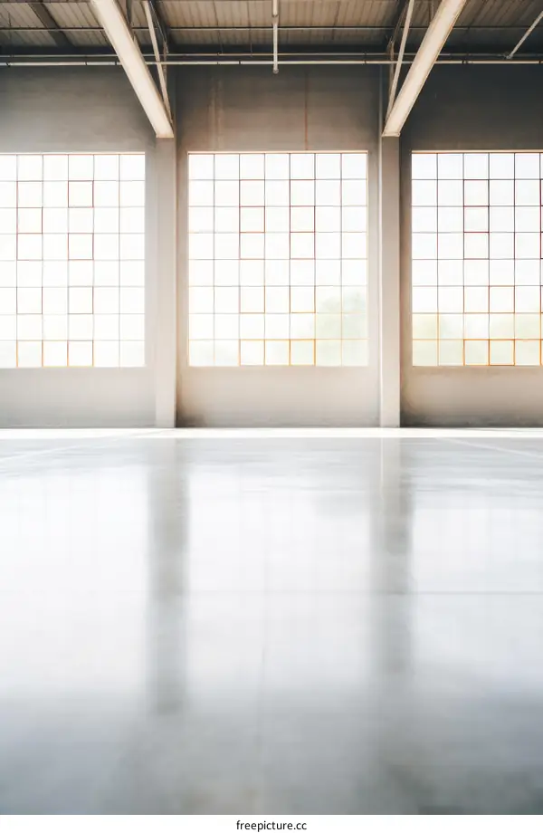 Empty warehouse with large windows
