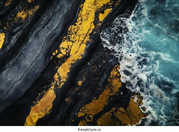 Abstract Background Texture with Gold and Black Swirls and White Foam