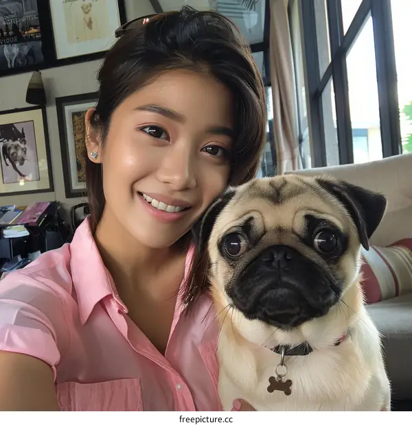 A young woman with a pug dog