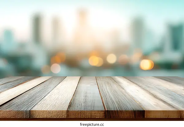 Wooden Table Top with Blurry Cityscape Background