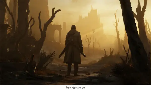 A lone figure stands amid desolate ruins under golden sky