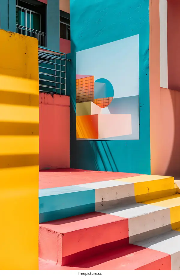 Colorful Building With Geometric Mural and Stairs