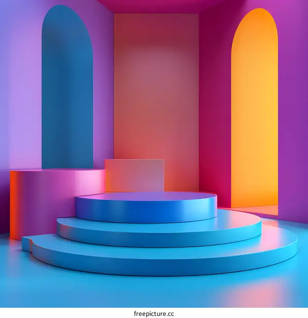 Blue and pink podium with archways