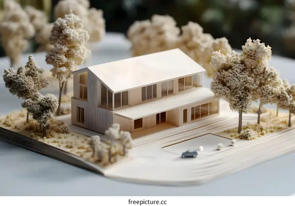 Wooden Model House with Trees and Swimming Pool