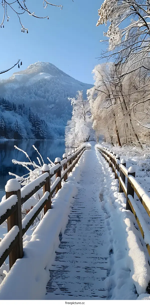 Wooden walkway covered with snow in a snowy forest near a lake