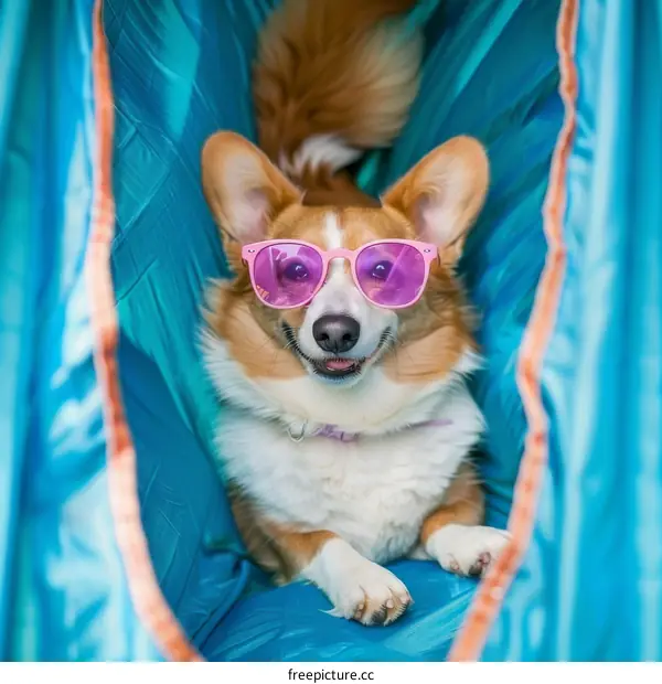 A Corgi with Sunglasses Relaxes in a Hammock