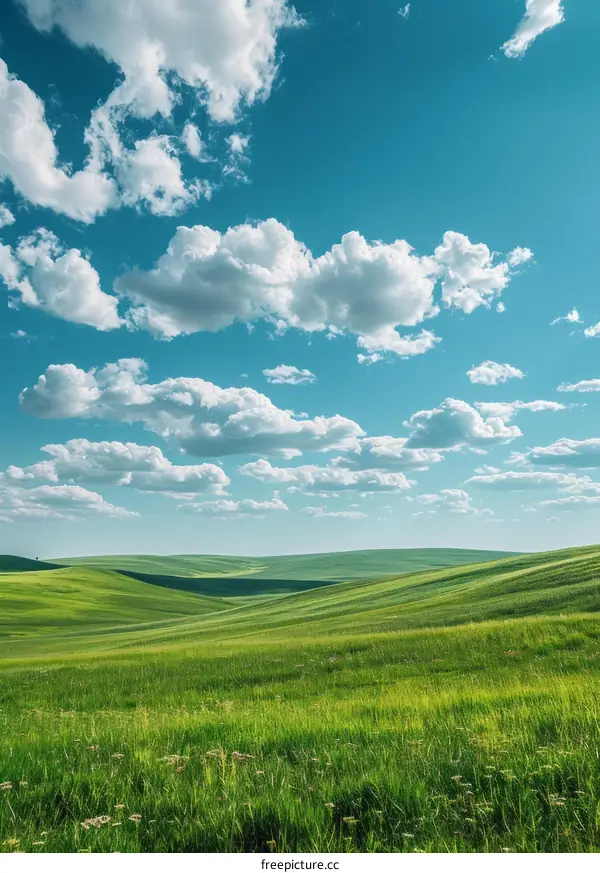 Rolling Green Hills Under Blue Sky with White Clouds