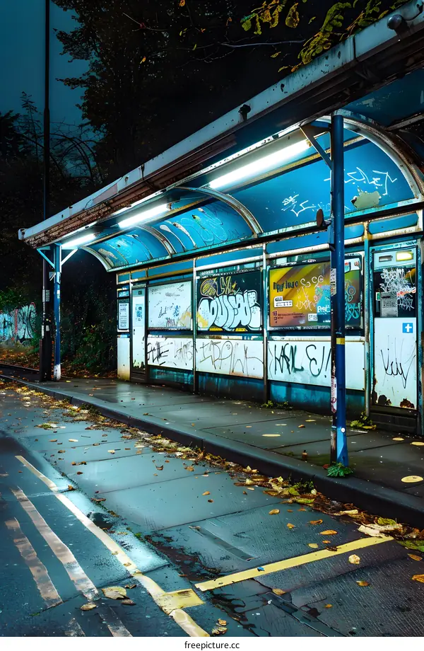 Graffiti Covered Bus Stop in the Evening