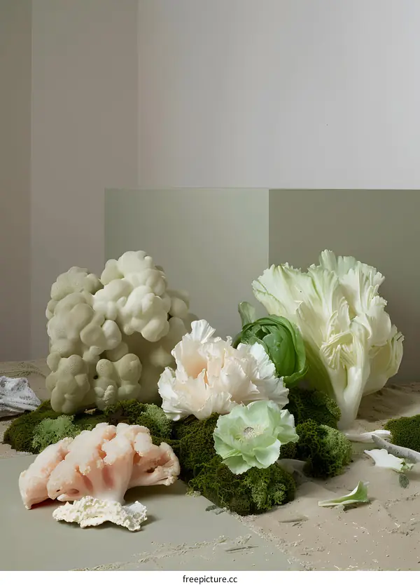 Still Life Photography With Green and White Flowers and Coral