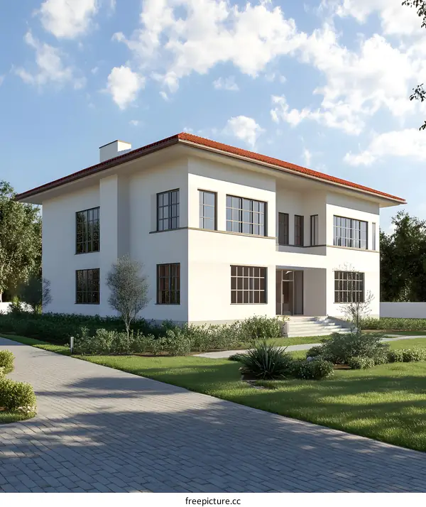 Modern White House with Red Roof and Green Lawn