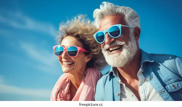 Happy old couple wearing sunglasses and smiling