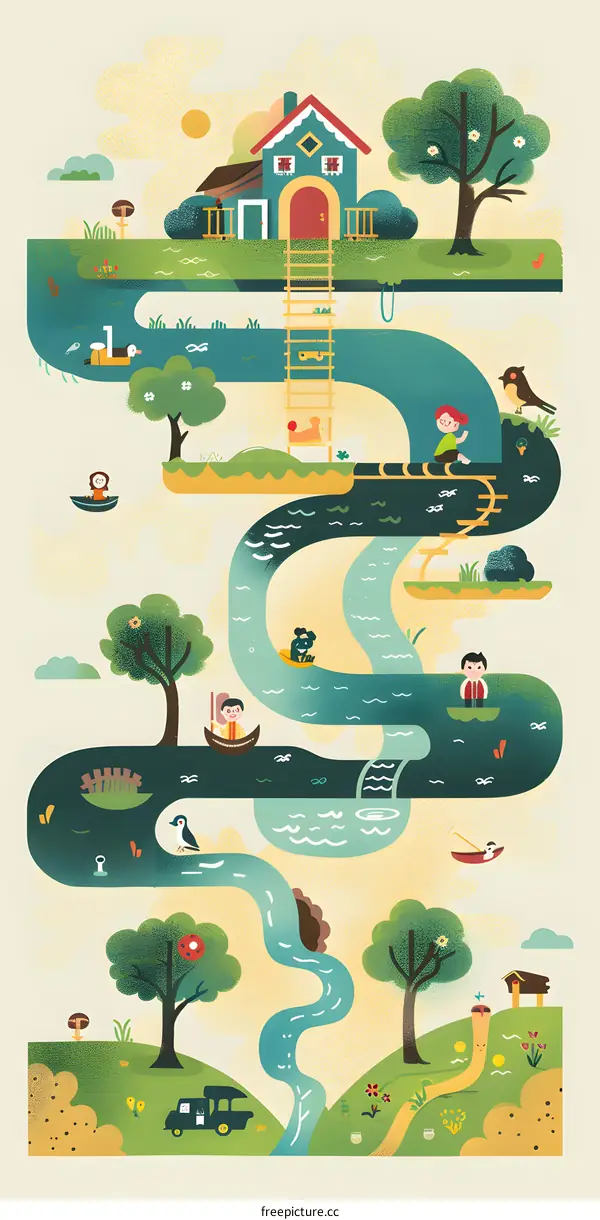 Happy Summer Adventure Illustration with Children Playing in a River
