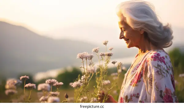 An elderly woman is enjoying the fragrance of flowers in a field at sunset