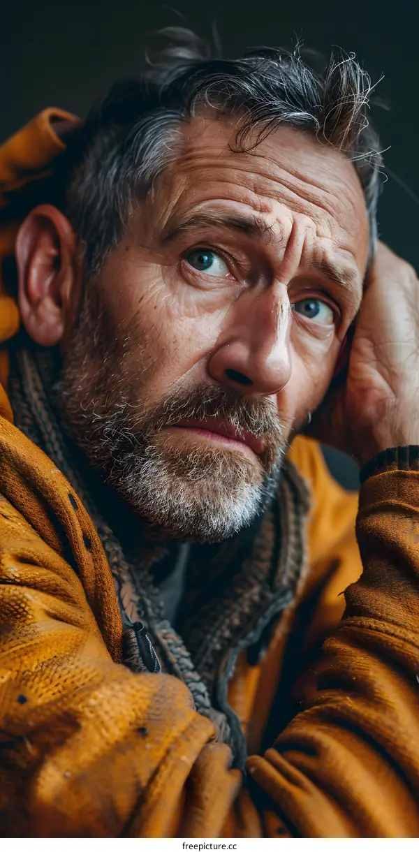 portrait of a man with a beard and a yellow jacket