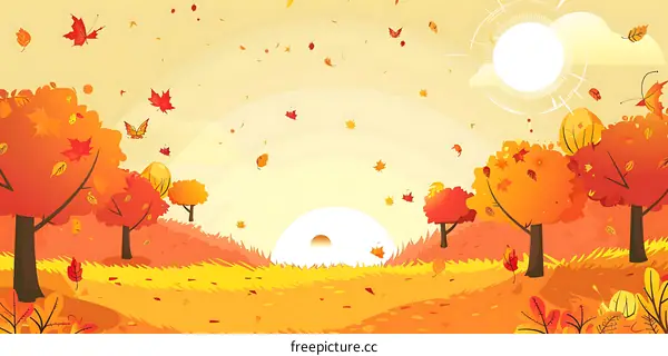 Autumn Landscape with Falling Leaves and Butterflies
