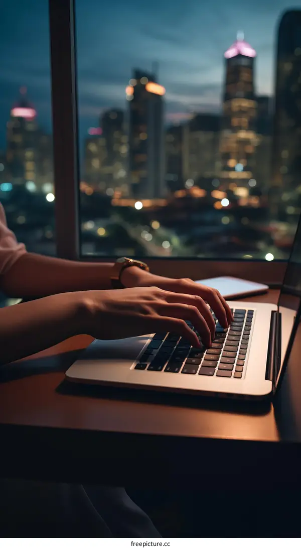 A person is typing on a laptop with a city skyline in the background