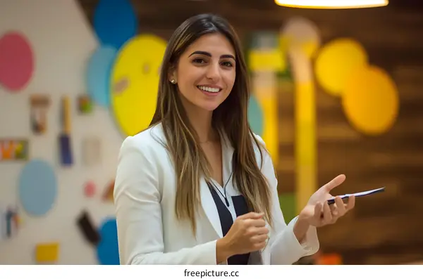 Smiling Businesswoman Holding Phone in Office