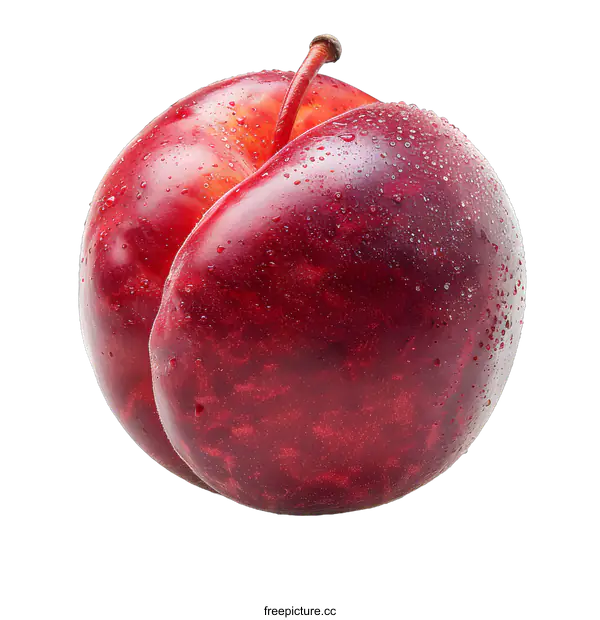 [Transparent Background PNG]single red plum with water drops on white background