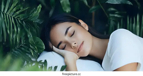 Beautiful Woman Sleeping in Green Foliage