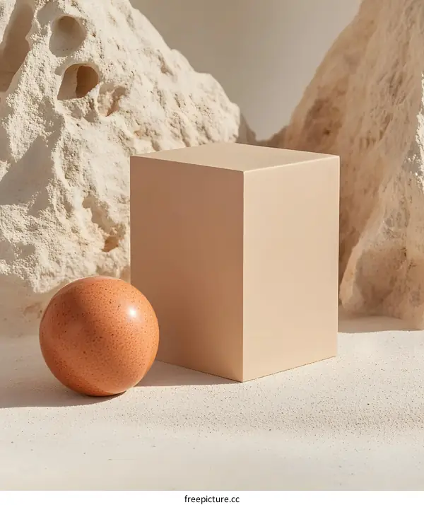 Minimalist Product Display with Beige Cube and Sphere on White Sand