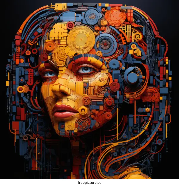 A portrait of a woman made of colorful gears