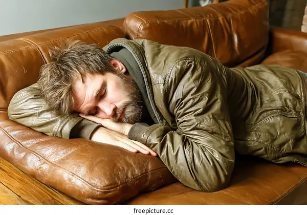 Tired Man Sleeping on Leather Sofa