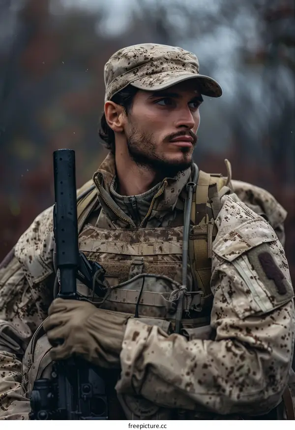 Soldier in uniform with gun and backpack