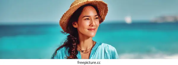 Asian Woman Enjoying Sunny Beach Day