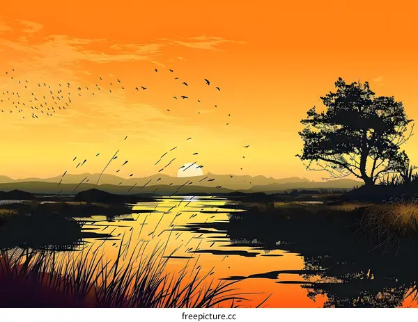 Silhouette of a Tree at Sunset over a Lake with Birds in the Sky