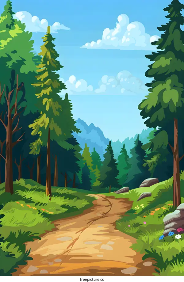 Forest Pathway with Mountains in the Background