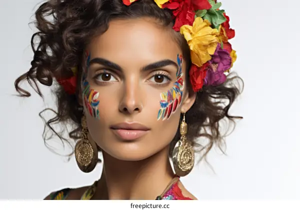 Portrait of a young woman with colorful face paint and a flower crown