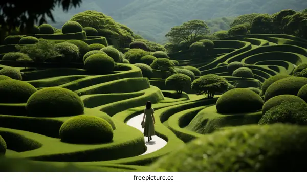 A woman walking through a verdant hedge maze