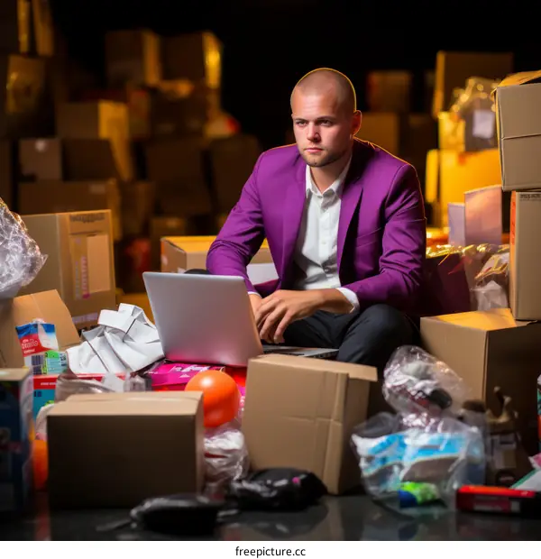 A young man in a purple suit is sitting on the floor in a warehouse, surrounded by boxes and other items.