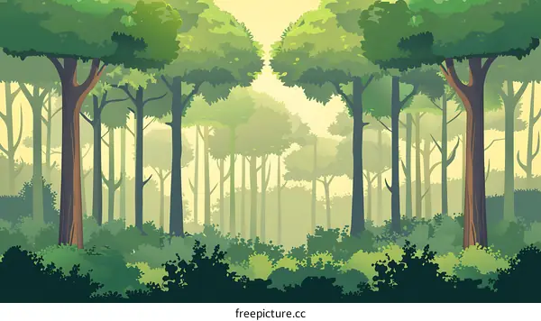 Green Forest Landscape With Tall Trees