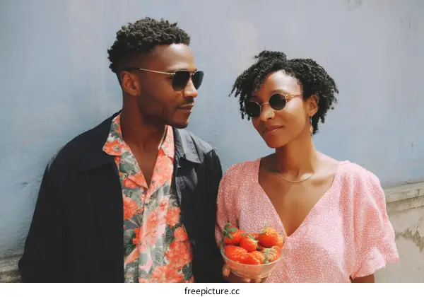 Couple Outdoors Holding Strawberries
