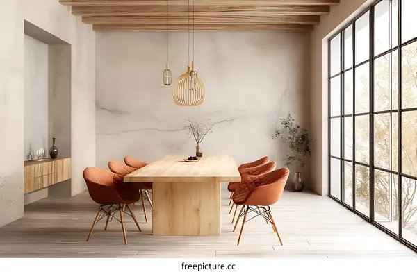 Modern Dining Room with Large Window and Wooden Table