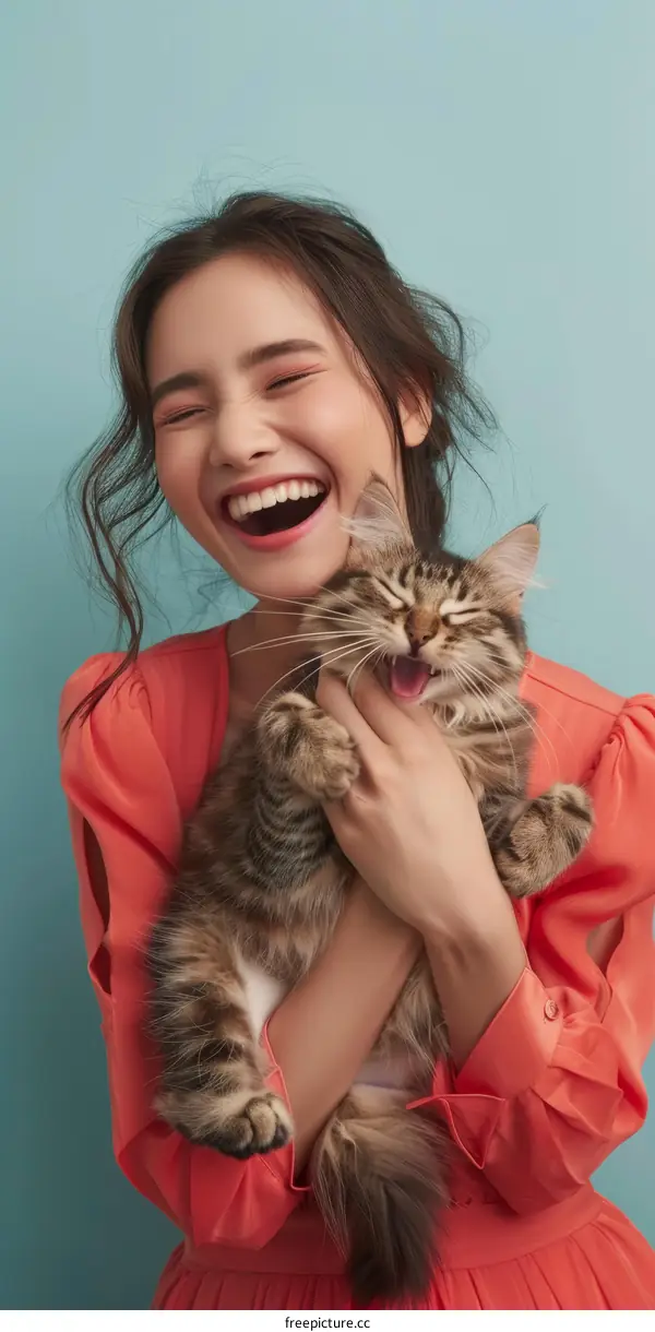 Laughing woman holding a cat
