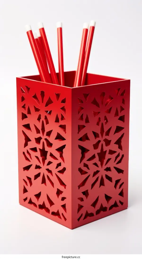 Red wooden pencil holder with snowflake pattern